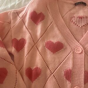 Pink Red Heart Cardigan Button Down Sweater Womens M perfect for Valentine’s Day